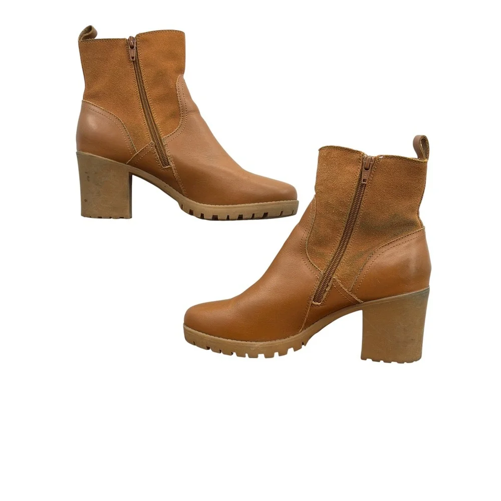 Soludos Dani Shearling Ankle Boots Womens 9 Tan Leather Block Heel Fall Comfort